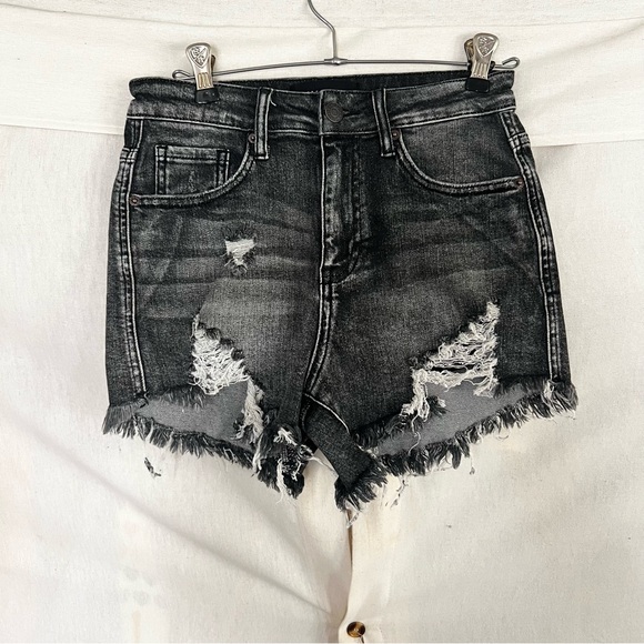 Risen Jeans Pants - Risen High Waist Distressed Rae Hem Black Wash Denim Shorts Small NWT